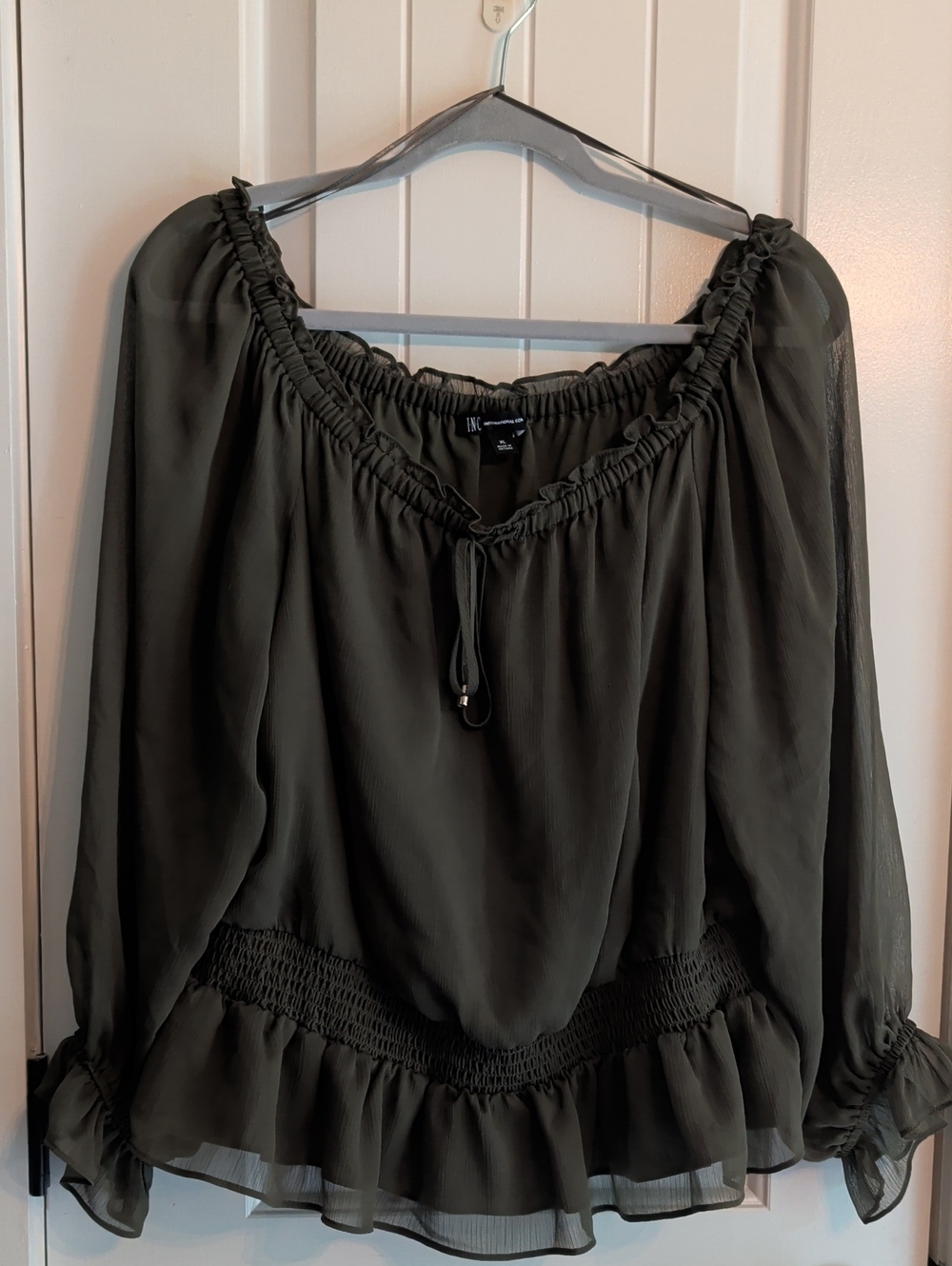INC International Concepts Olive Green Chiffon Peasant Blouse